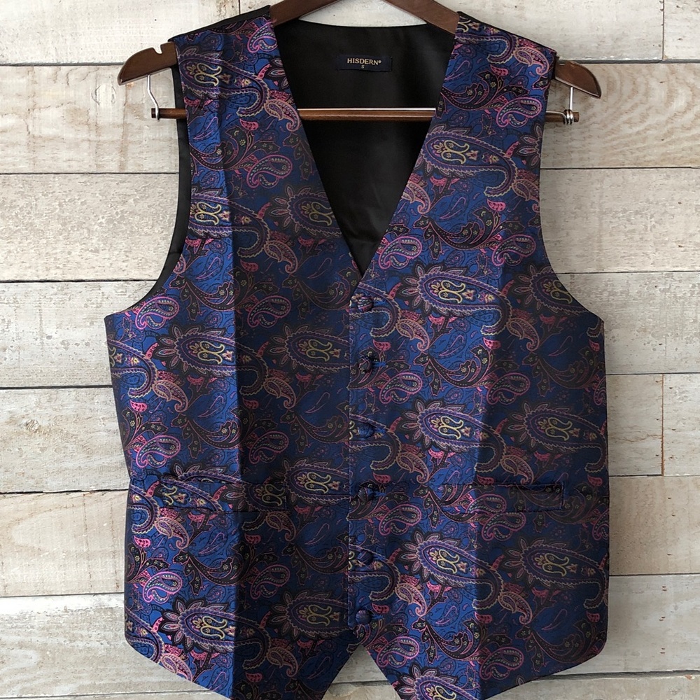 Hisdern Metallic Blue Pink Paisley vest